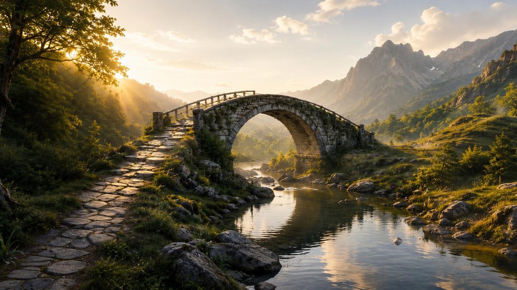 Mystische Steinbrücke im Wald mit sanfter Wasserreflexion als MaBeBo Symbol für Verbindung und Körpermitte.