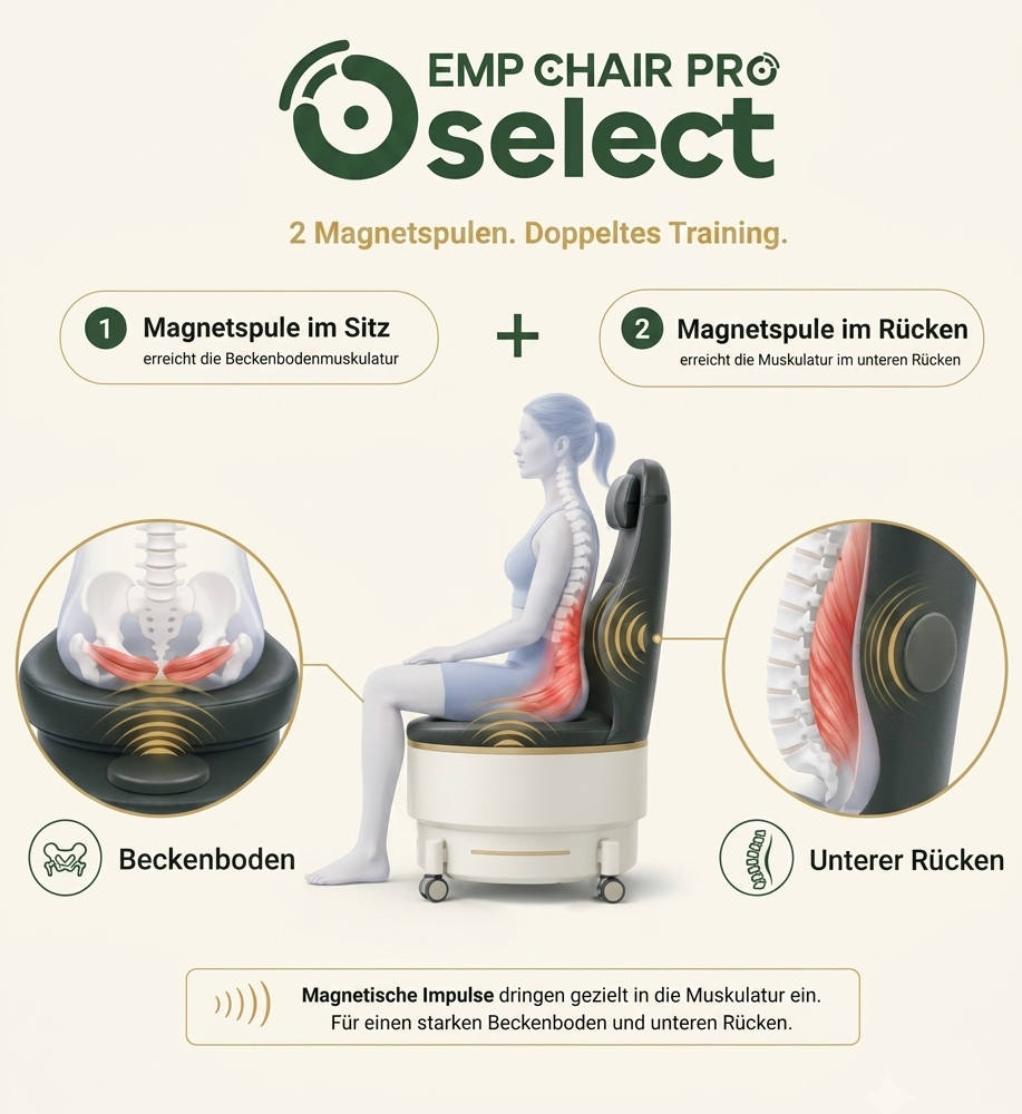 Infografik zum Zwei-Spulen-System des EMP Chair Pro Select mit Sitzspule für den Beckenboden und Rückenlehnen-Spule für den unteren Rücken.